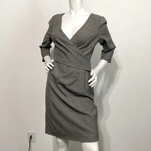 DKNY Black & White V-Neck 3/4 Sleeve Wool Blend Faux Wrap Sheath Dress Size 6